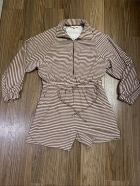 entro Striped Zip-Front Romper in Beige and White